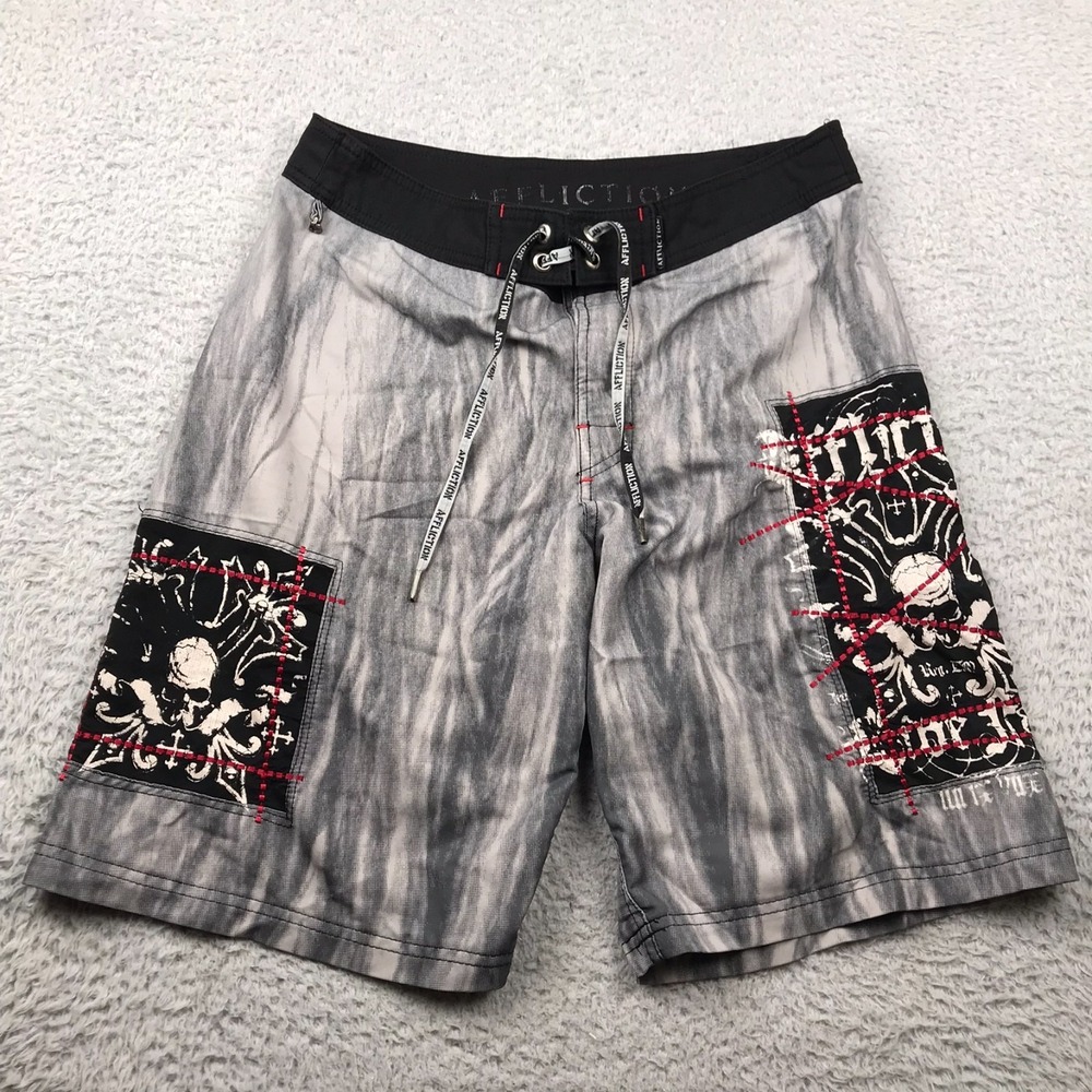 Affliction‎ Board Shorts Mens 32 Gray Skull Graphic 10" Swim Trunks Y2K Vintage